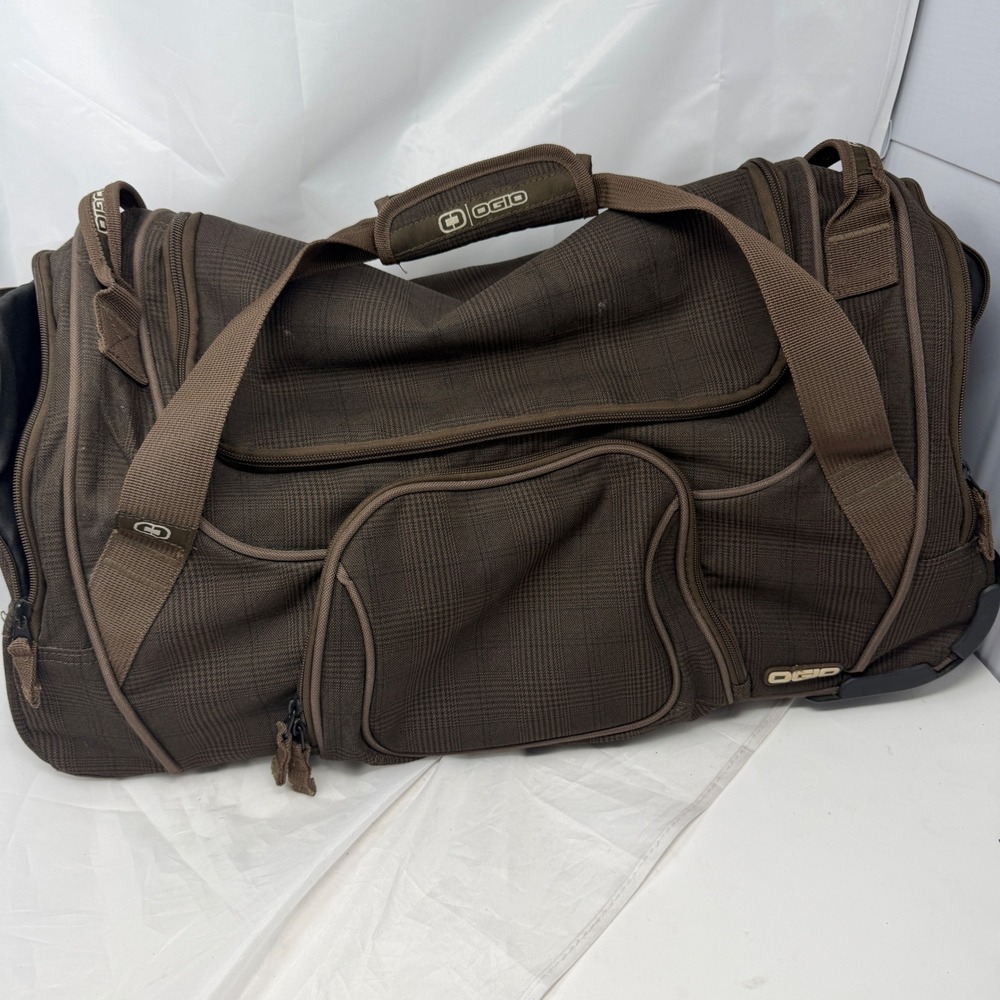 OGIO Brown Plaid Rolling Duffel Bag Travel Luggage with Retractable Handle